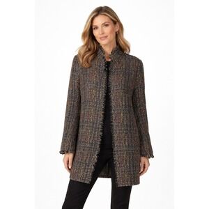 J McLaughlin Tweed Coat‎ Womens Large Fringe Longline Jacket Classic Luxury